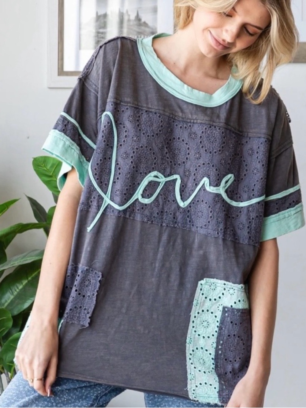 NWOT Oli & Hali Washed Eyelet Mixed Fabric Love Tee